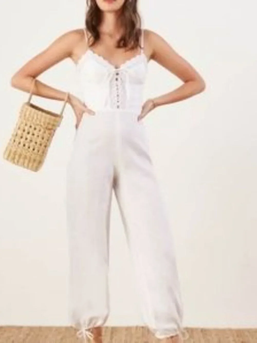 Reformation Rose Jumpsuit 100% Linen Lightweight Lace Tie Front V Neck White 10